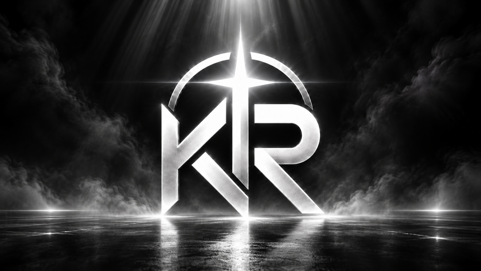 The silver KingdomReachPR KR monogram and cross above a reflective floor, framed by dark smoke and silver light.
